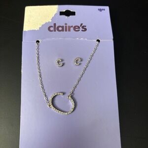 NWT Claires Silver Initial C Necklace‎ & Earrings Set Rhinestone Letter Jewelry
